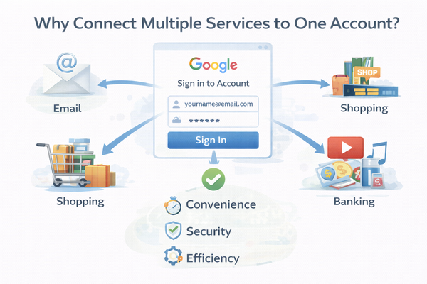 계정 하나로 여러 서비스가 연결되는 이유를 설명하는 통합 로그인 구조 개념 이미지